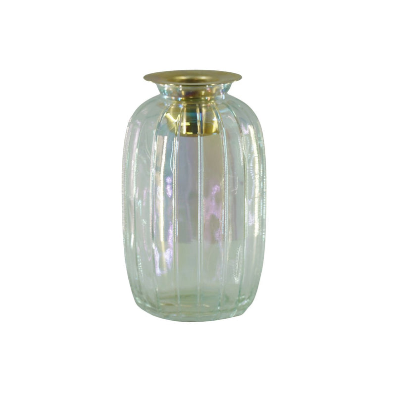 Kandelaar- Fles - Glas/Metaal- Regenboog/Goud- 6x6x11,5cm