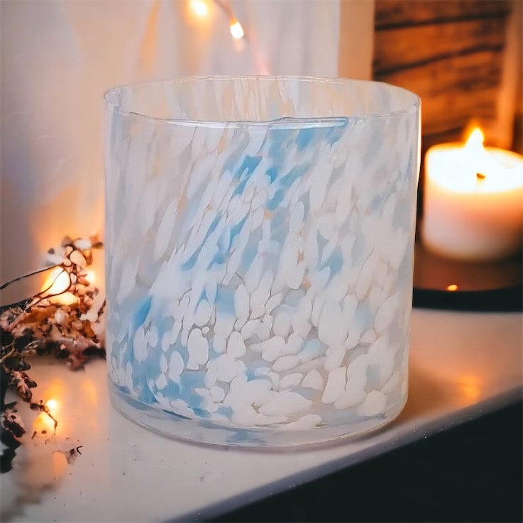 Fidrio mondgeblazen windlicht/vaas blauw-wit H 20 x D 20