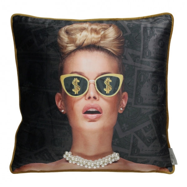 Sierkussen - Lady Sunglasses  45 x 45 cm inclusief vulling - met als leuk detail echte kralenketting