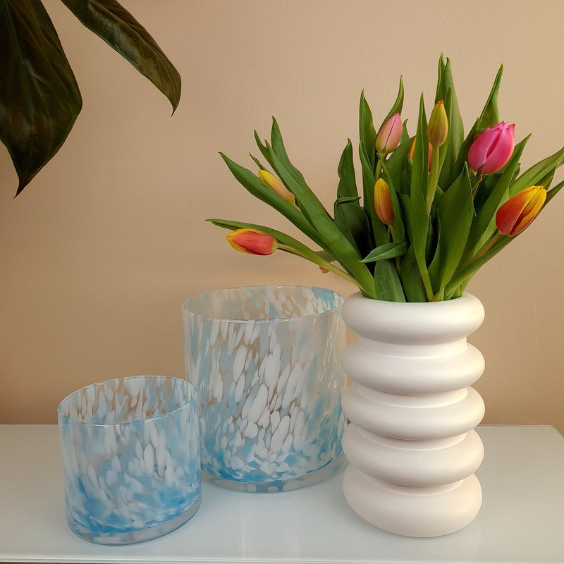 Fidrio mondgeblazen windlicht/vaas blauw-wit H 20 x D 20