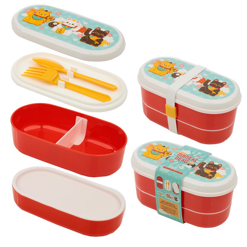 Maneki Neko Lucky Cat Stacked Bento Box Lunch Box with Fork & Spoon