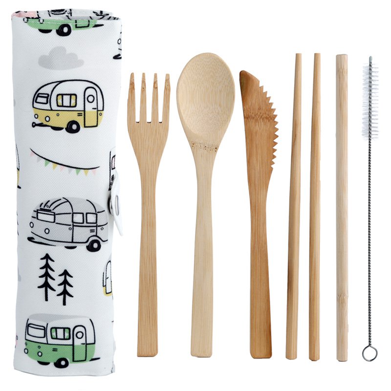 Daisy Lane Wildwood Caravan 100% natuurlijk bamboe bestek 6-delige set in canvas houder